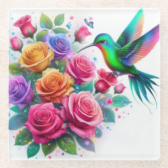 Dessous-de-verre En Verre Colibris et Roses (Devant)