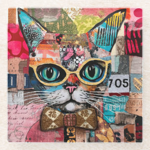 Dessous-de-verre En Verre Collage de papier mixte chat