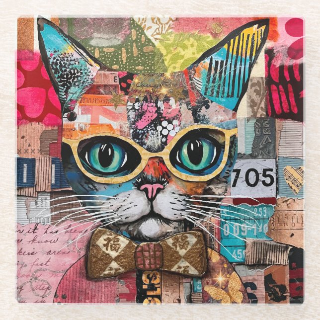 Dessous-de-verre En Verre Collage de papier mixte chat  (Devant)
