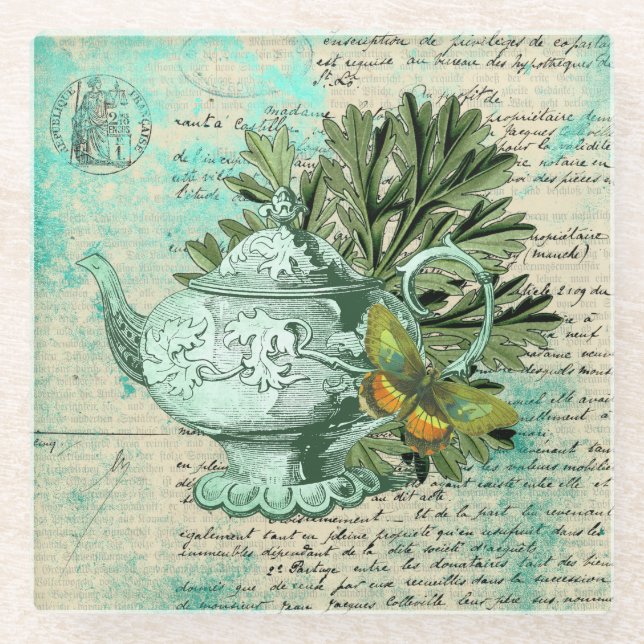 Dessous-de-verre En Verre Collage de théière et d'éphémère vintage (Devant)