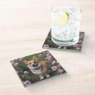 Dessous-de-verre En Verre "Compagnie de charme : Un Corgi dans un jardin ros