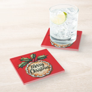 Dessous-de-verre En Verre Cookie de Noël avec des baies de houx rouges