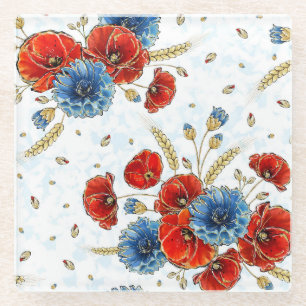 Dessous-de-verre En Verre Coquelicots de souvenir élégants rouges et bleus