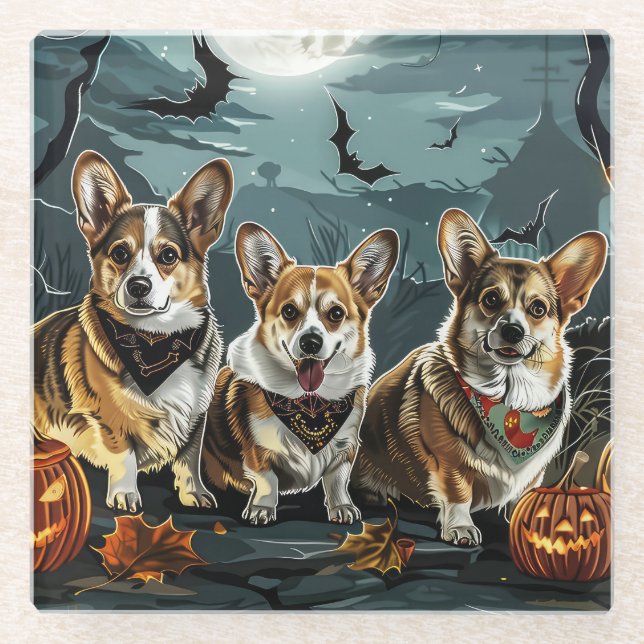 Dessous-de-verre En Verre Corgi Halloween Éffrayant (Devant)