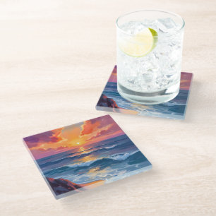 Dessous-de-verre En Verre Côte Dorée Peinture aquarelle du coucher de sole