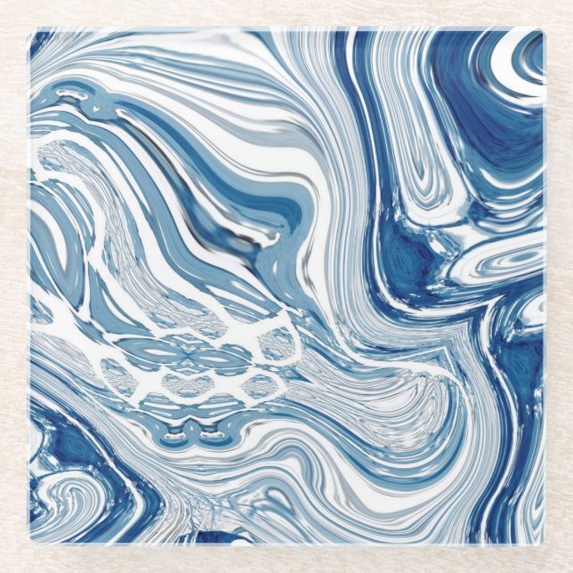 Dessous-de-verre En Verre côte plage nautique vagues aquarelle bleu tourbill (Devant)
