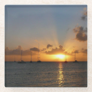 Dessous-de-verre En Verre Coucher de soleil avec voiliers Paysage tropical P