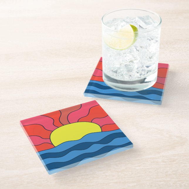 Dessous-de-verre En Verre Coucher de soleil et vagues (Incliné)