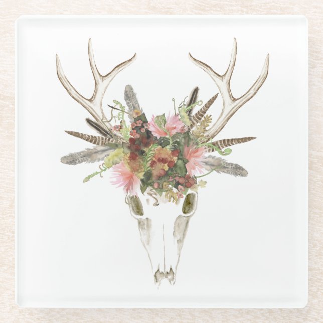 Dessous-de-verre En Verre Crâne et fleurs de cerfs (Devant)