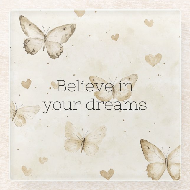Dessous-de-verre En Verre Cream Hearts Butterflies  (Devant)
