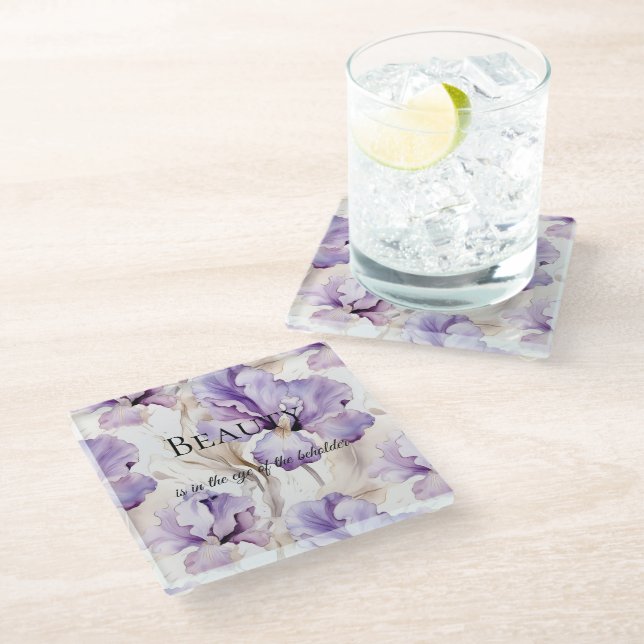 Dessous-de-verre En Verre Crème violette romantique Iris Citation de beauté  (Incliné)