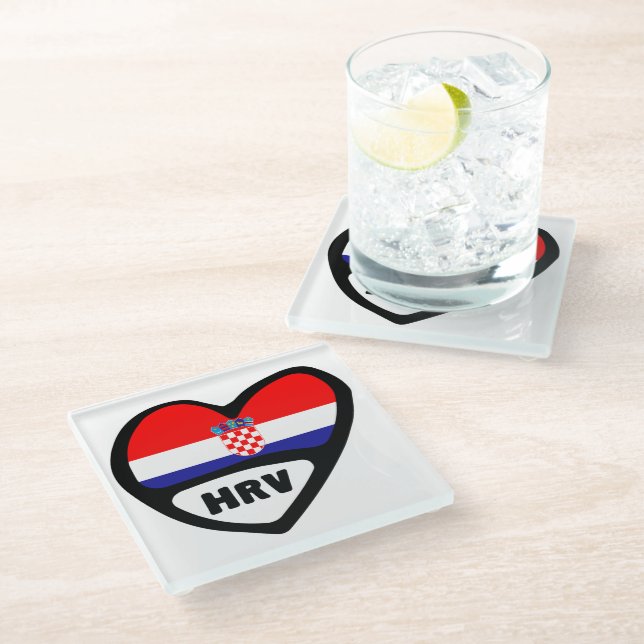 Dessous-de-verre En Verre Croatie Code Pays Drapeau Coeur Hrvatska (Incliné)