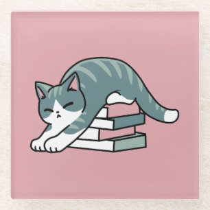 Dessous-de-verre En Verre Curieux avec un livre et un chat - Lecture confort
