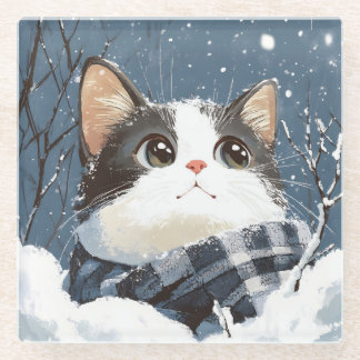 Dessous-de-verre En Verre Cute cat cozy winter snow