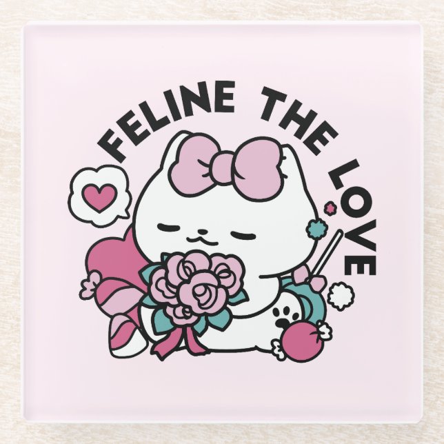 Dessous-de-verre En Verre Cute Valentine's Cat Design - Feline the Love (Devant)