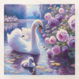 Dessous-de-verre En Verre Cygnet blanc avec Roses violets