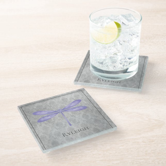 Dessous-de-verre En Verre Damas de libellule violette (Incliné)