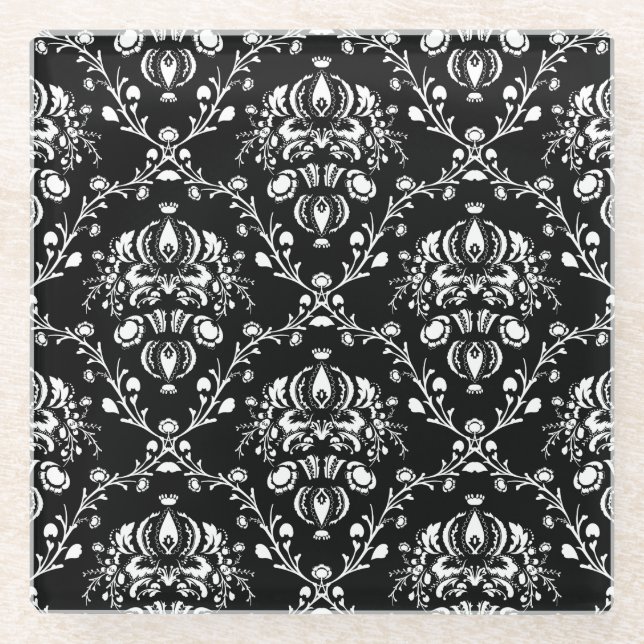 Dessous-de-verre En Verre Damas noir et blanc (Devant)