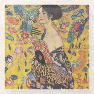 Dessous-de-verre En Verre Dame Art nouveau vintage avec peinture d'éventail