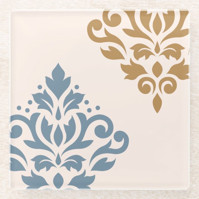 Dessous-de-verre En Verre Défiler Damask Art I Blue Gold Cream (Devant)