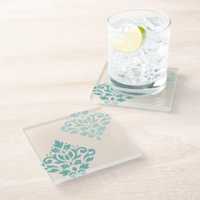 Dessous-de-verre En Verre Défiler Damask Art I Teals on Cream (Incliné)