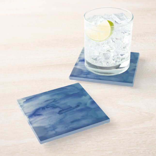 Dessous-de-verre En Verre Dessous de verre d'aquarelle bleu Abstrait (Incliné)