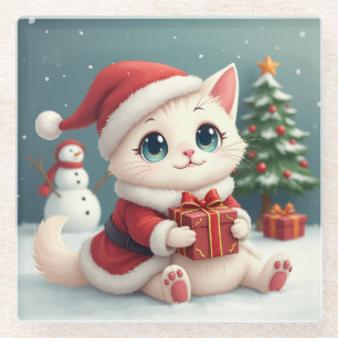 Dessous-de-verre En Verre Dessous de verre de chat de Noël blanc