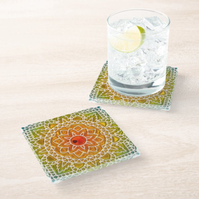 Dessous-de-verre En Verre Dessous de verre en verre Sunburst Mandala Boho (Incliné)