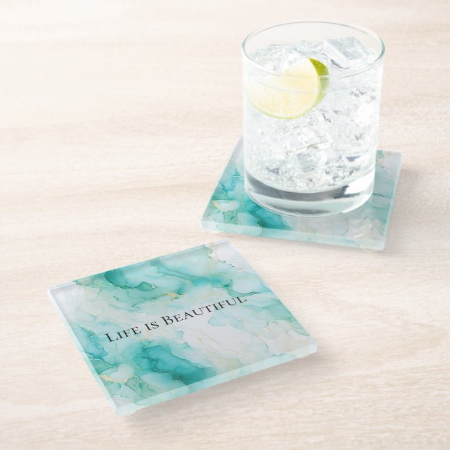 Dessous-de-verre En Verre Douche de Mariage Chic Menthe Blanc Or (Incliné)