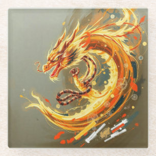 Dessous-de-verre En Verre Dragon Jaune Doré