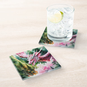 Dessous-de-verre En Verre Dragon respirant le feu vibrante écailles roses
