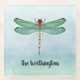Dessous-de-verre En Verre Dragonfly vintage Green Gold sur les aquarelles bl