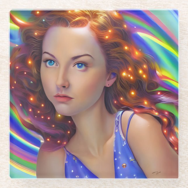 Dessous-de-verre En Verre Dreamy Girl with Rainbow Lights (Devant)