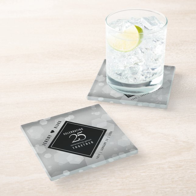 Dessous-de-verre En Verre Élégant 25e anniversaire de Mariage d'argent (Incliné)
