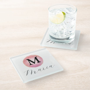 Dessous-de-verre En Verre Élégant Aquarelle Rose Monogramme