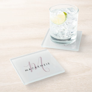 Dessous-de-verre En Verre Élégant blanc blanc blanc clair rose Script Monogr