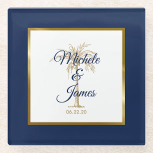 Dessous-de-verre En Verre Elégant Marine Blue Gold Palm Tree Mariage moderne