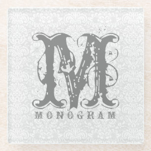 Dessous-de-verre En Verre Élégant Monogramme blanc & gris Damas