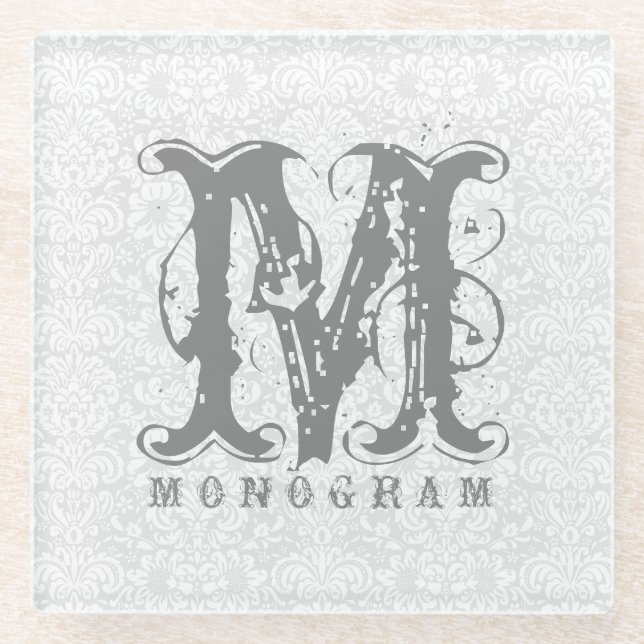 Dessous-de-verre En Verre Élégant Monogramme blanc & gris Damas (Devant)
