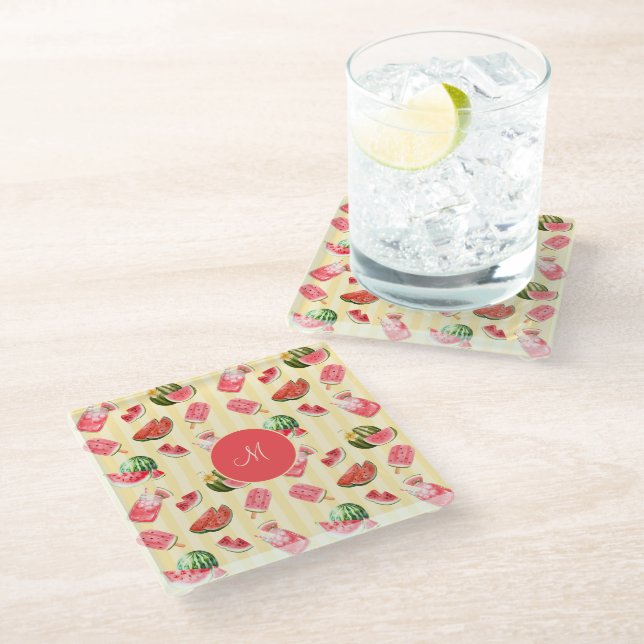 Dessous-de-verre En Verre Élégant Monogramme Eté Watermelon Boissons (Incliné)