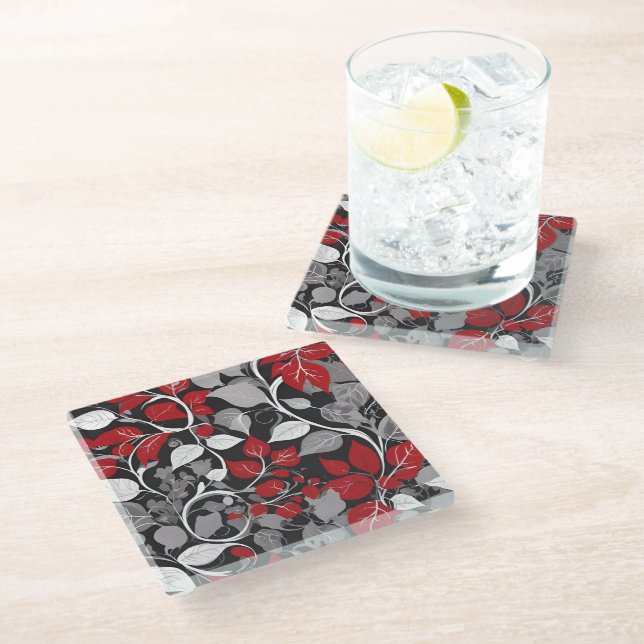 Dessous-de-verre En Verre Elegant Red and Black Leaf Design (Incliné)
