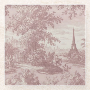 Dessous-de-verre En Verre Elégante toile rose de Jouy Scène de Pays Français