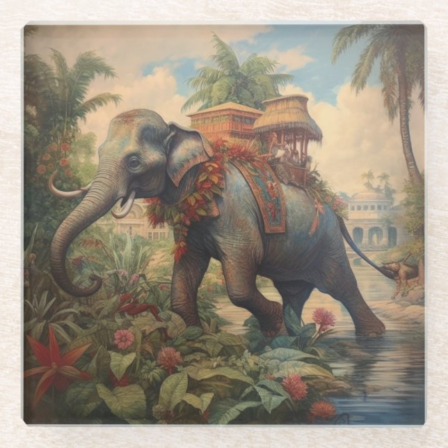 Dessous-de-verre En Verre éléphant botanique vintage avec howdah (Devant)
