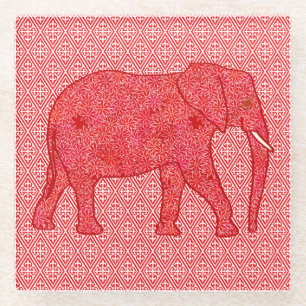 Dessous-de-verre En Verre Eléphant de fleurs - rouge profond et corail