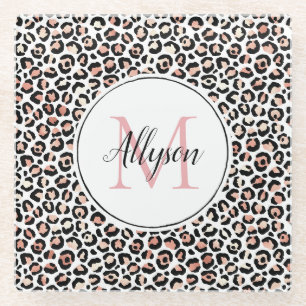 Dessous-de-verre En Verre Empreinte de léopard noir rose pâle Monogram Co