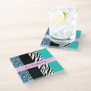 Dessous-de-verre En Verre Empreinte de léopard, Zebra Print, Bleu, Votre nom