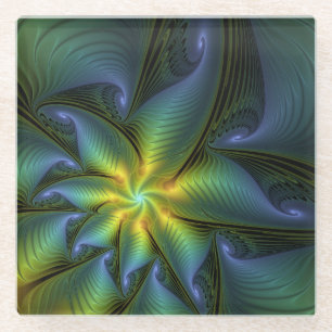 Dessous-de-verre En Verre Etoile Abstraite, Bleu brillant Vert Or Fractal Ar