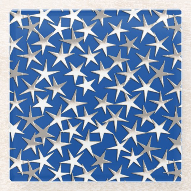 Dessous-de-verre En Verre Étoiles d'argent sur bleu cobalt (Devant)
