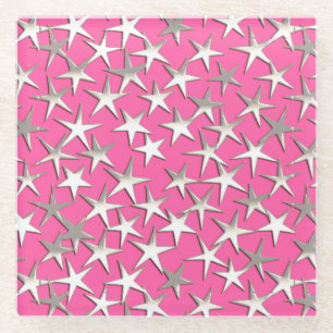Dessous-de-verre En Verre Étoiles d'argent sur fuchsia rose