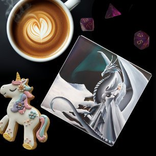 Dessous-de-verre En Verre Fantaisie de la femme dragon blanc Aurores boréale